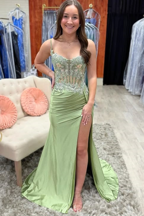 Lace Appliques Mermaid Satin Party Prom Dress With Train