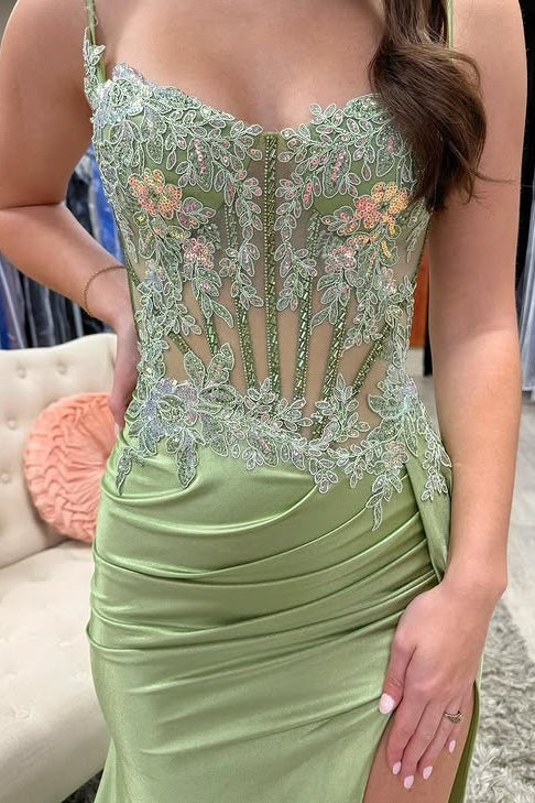 Lace Appliques Mermaid Satin Party Prom Dress With Train