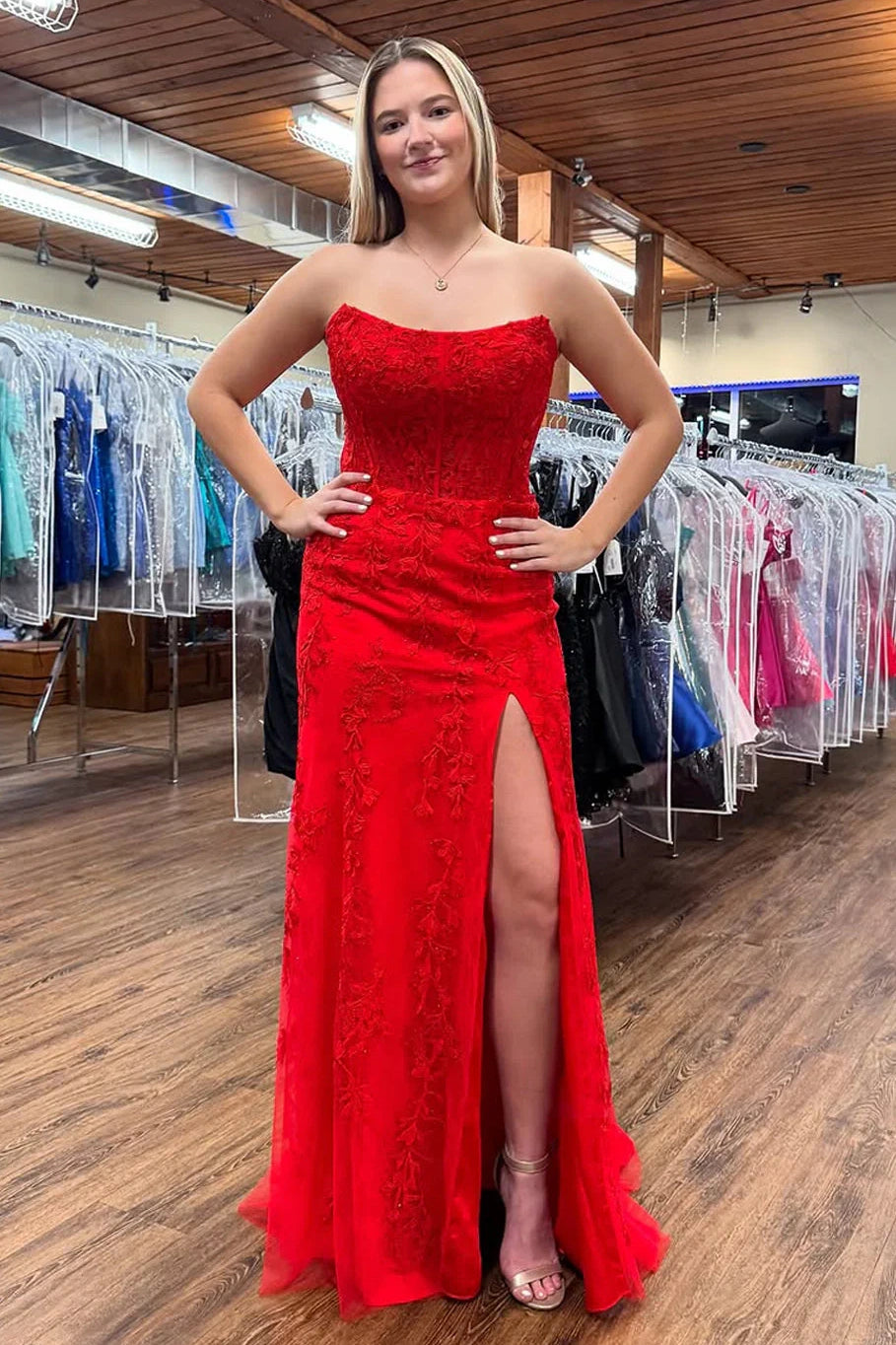 Lace Bateau Strapless Empire Party Prom Dress With Slit