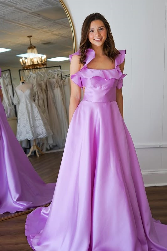 Lace Up Square Satin A-Line Ruffled Long Party Prom Dress
