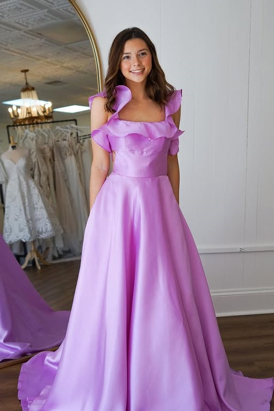 Lace Up Square Satin A-Line Ruffled Long Party Prom Dress