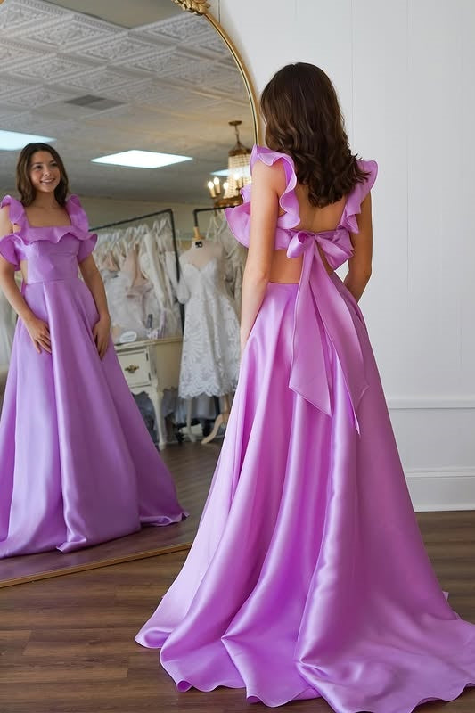Lace Up Square Satin A-Line Ruffled Long Party Prom Dress