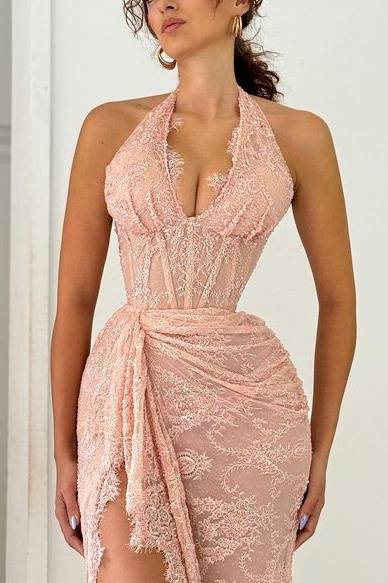 Lace V-Neck Halter Sleeveless With Side Slit Party Prom Dress