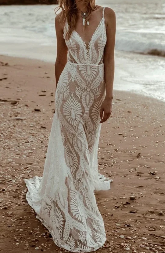 Lace V-Neck Spaghetti Straps Open Back Boho Beach Wedding Dress Movousdress Lace V-Neck Spaghetti Straps Open Back Boho Beach Wedding Dress Movousdress