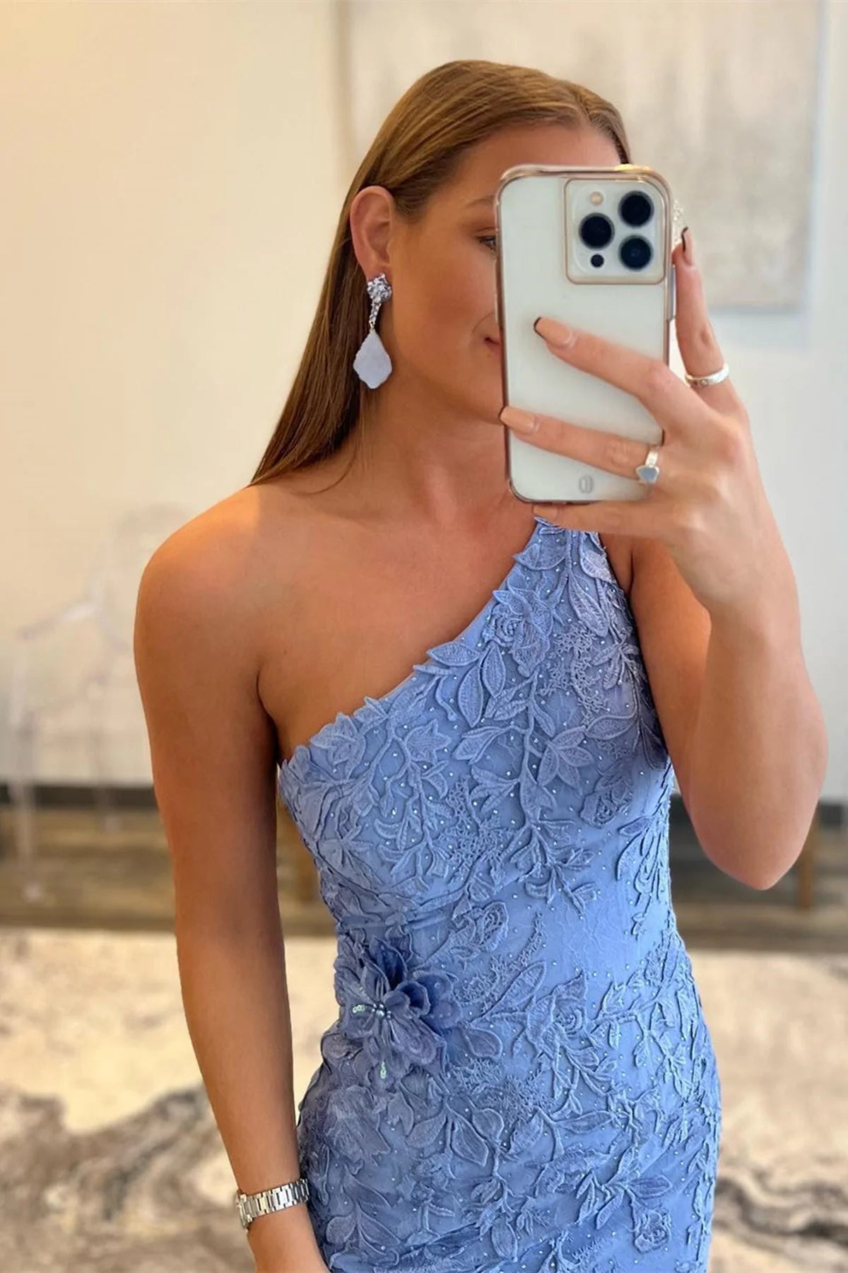Lavender One Shoulder Mermaid Lace Party Prom Dress