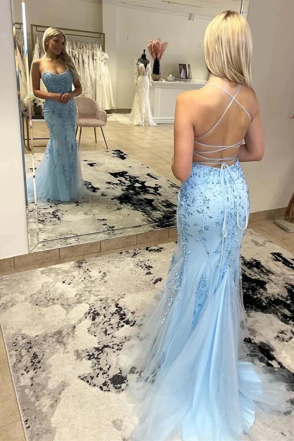Light Blue Bateau Lace Up Mermaid Lace Appliques Party Prom Dress