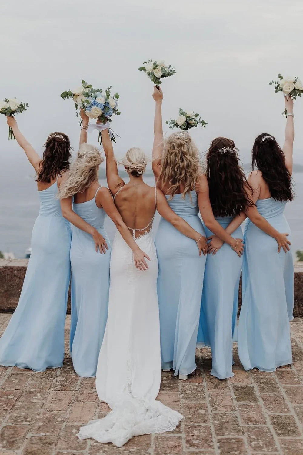 Light Blue One Shoulder Sleeveless Empire Long Bridesmaid Dress