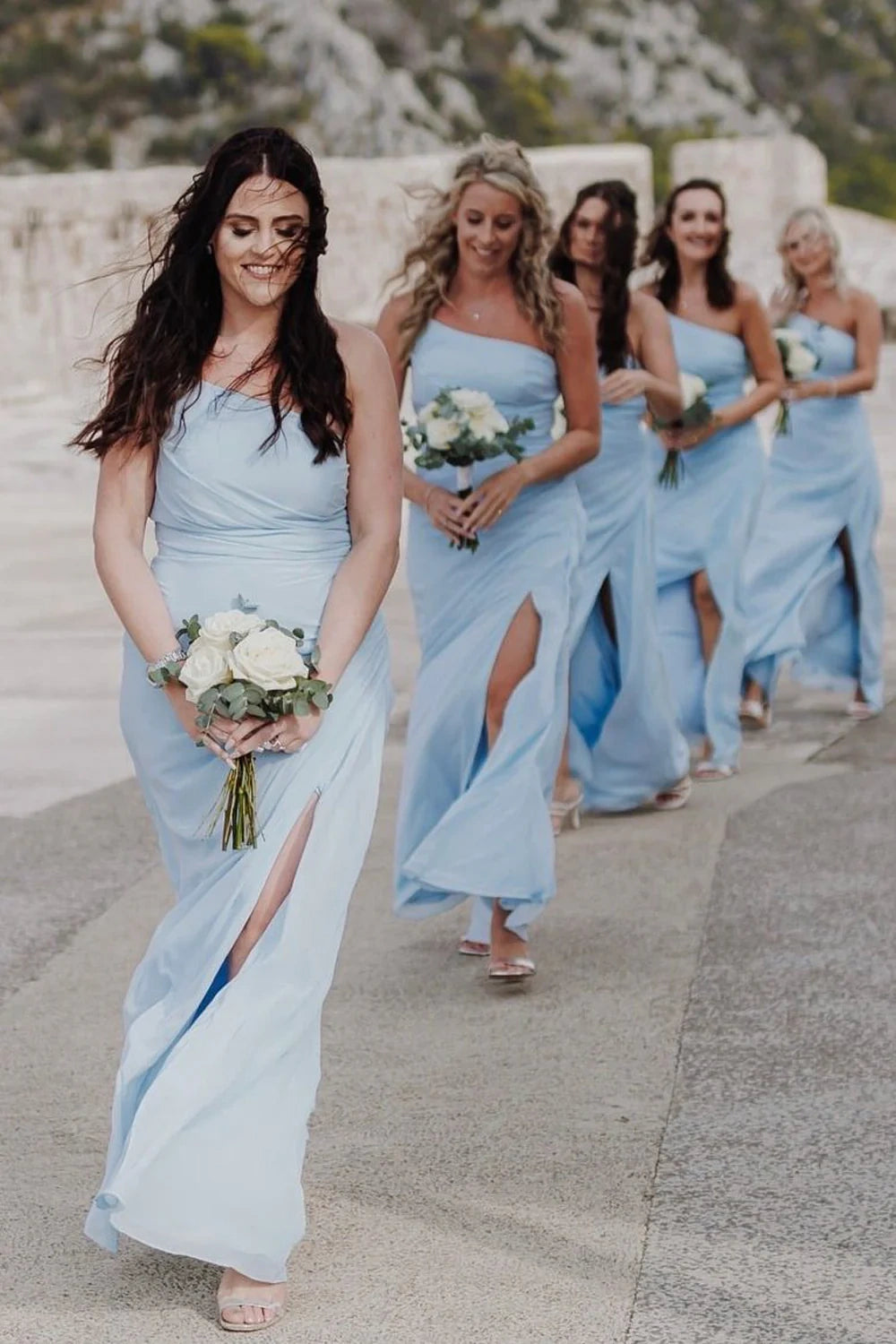 Light Blue One Shoulder Sleeveless Empire Long Bridesmaid Dress