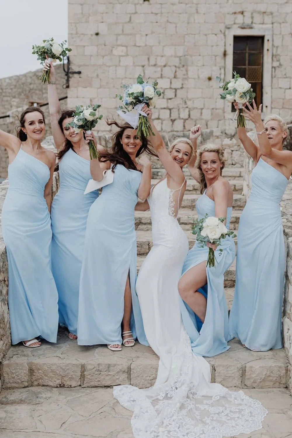 Light Blue One Shoulder Sleeveless Empire Long Bridesmaid Dress