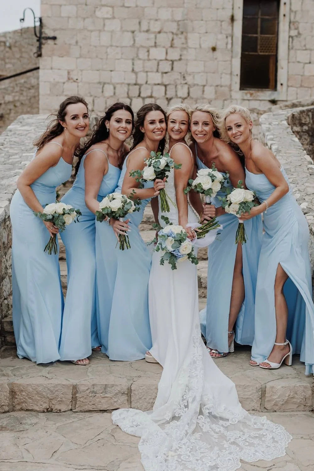 Light Blue One Shoulder Sleeveless Empire Long Bridesmaid Dress