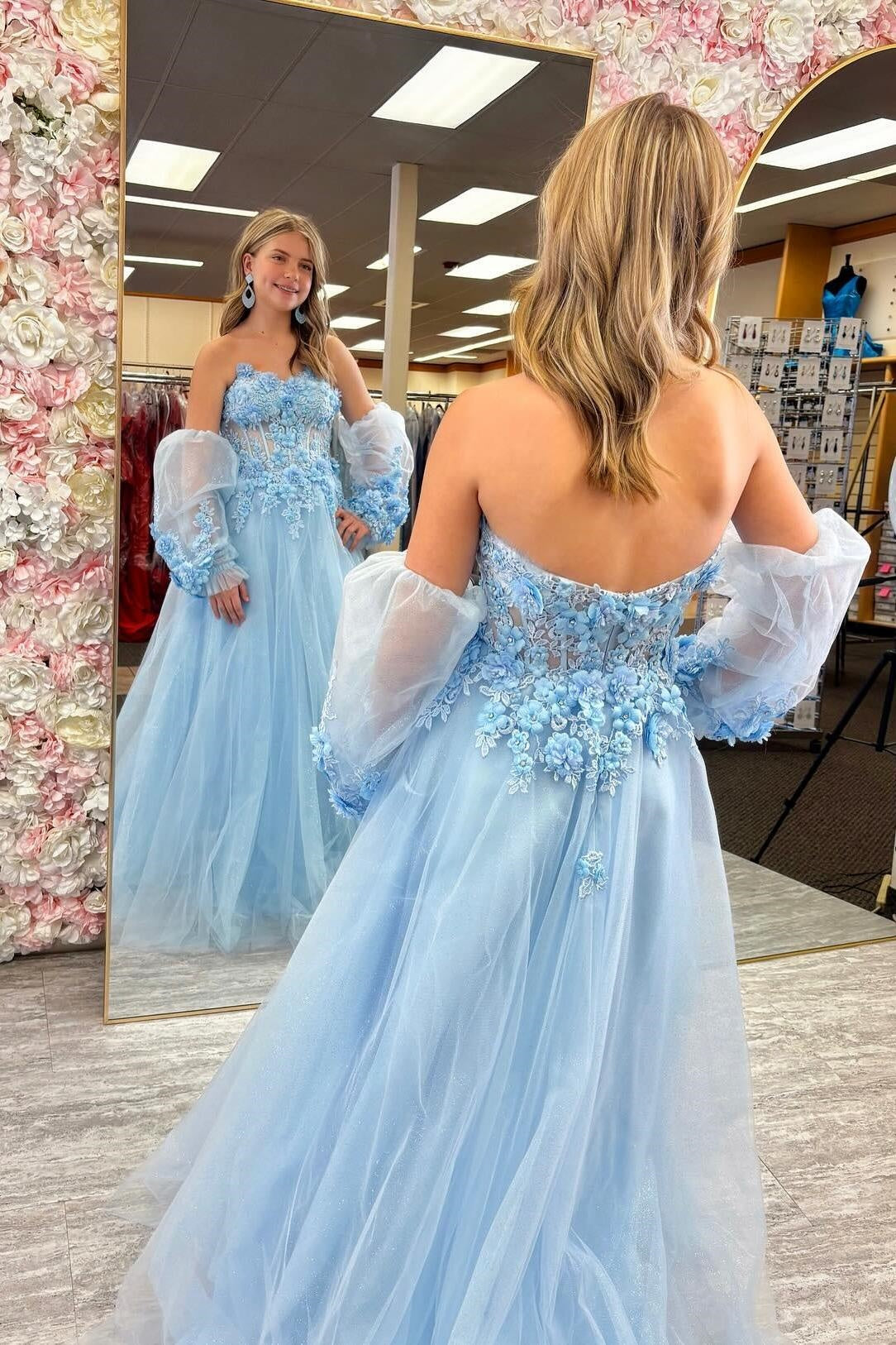Light Blue Strapless 3D Floral Appliques Tulle A-Line Party Prom Dress