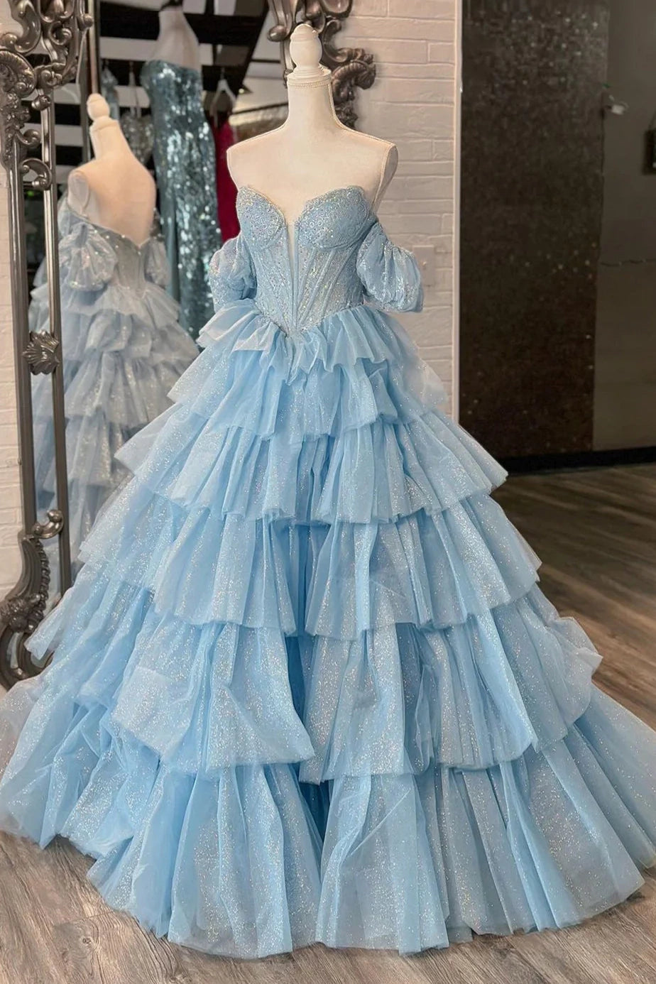 Light Blue Sweetheart Off-Shoulder Sparkly Tiered Party Prom Dress Movousdress Light Blue Sweetheart Off-Shoulder Sparkly Tiered Party Prom Dress Movousdress