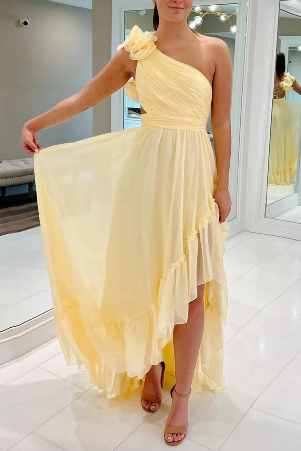 Light Yellow One Shoulder Sleeveless Ruffled Chiffon Party Prom Dress