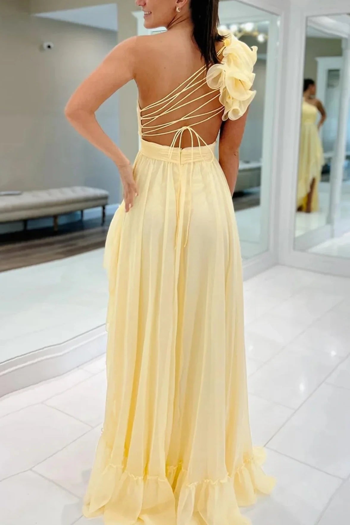 Light Yellow One Shoulder Sleeveless Ruffled Chiffon Party Prom Dress