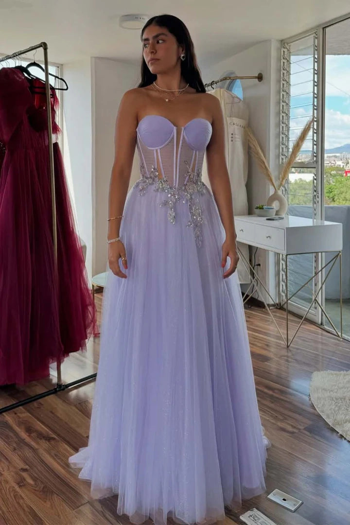 Lilac Sweetheart Strapless Sheer Long Party Prom Dress