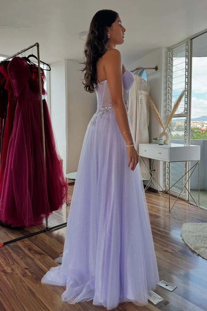Lilac Sweetheart Strapless Sheer Long Party Prom Dress
