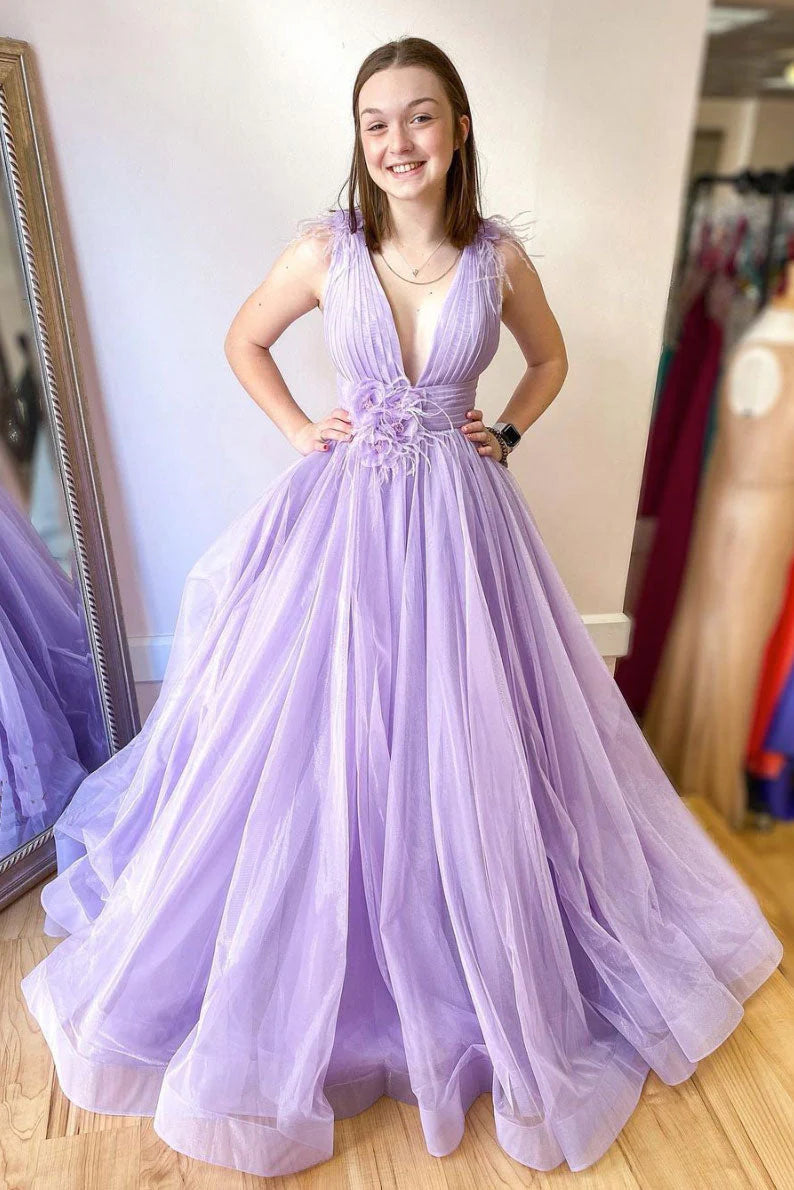 Lilac Tulle A-Line Low V-Neck Empire Party Prom Dress