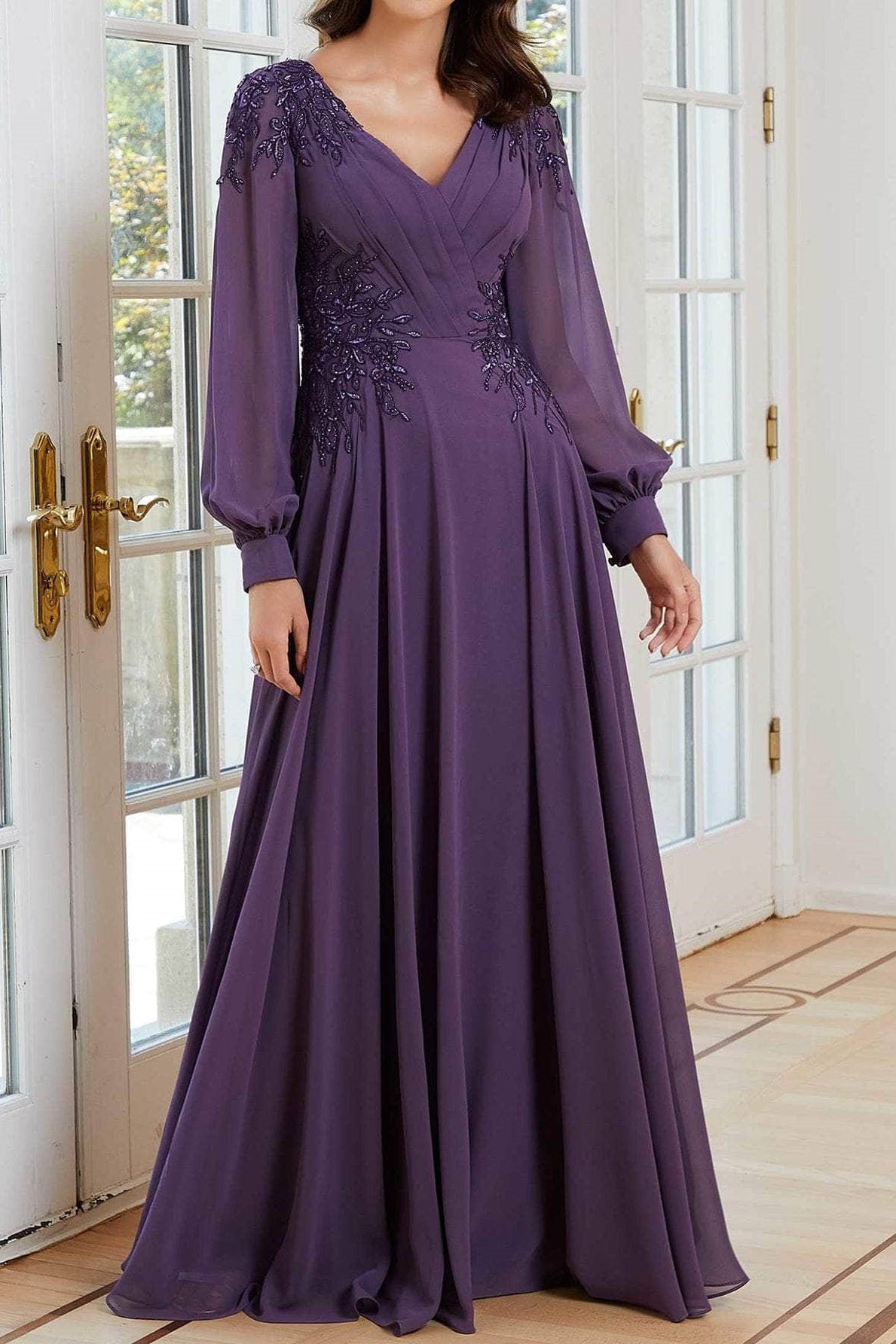 Lone Sleeves V-Neck Beaded A-Line Mother Of Brides Dress