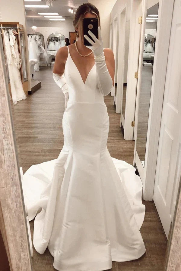 Low V-Neck Backless Mermaid Satin Long Wedding Dress With Bow
