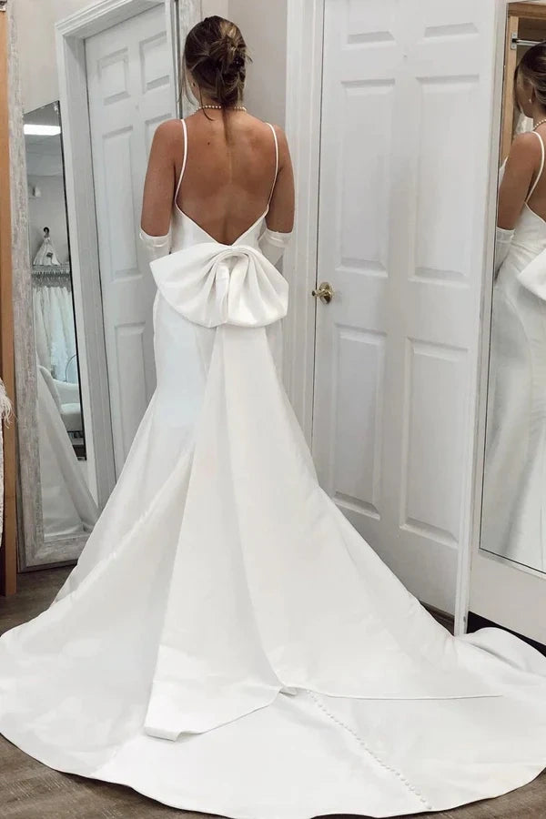 Low V-Neck Backless Mermaid Satin Long Wedding Dress With Bow