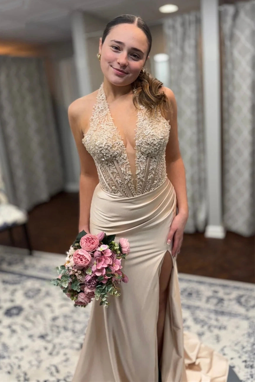 Low V-Neck Halter Sleeveless Lace Appliques Party Prom Dress With Slit