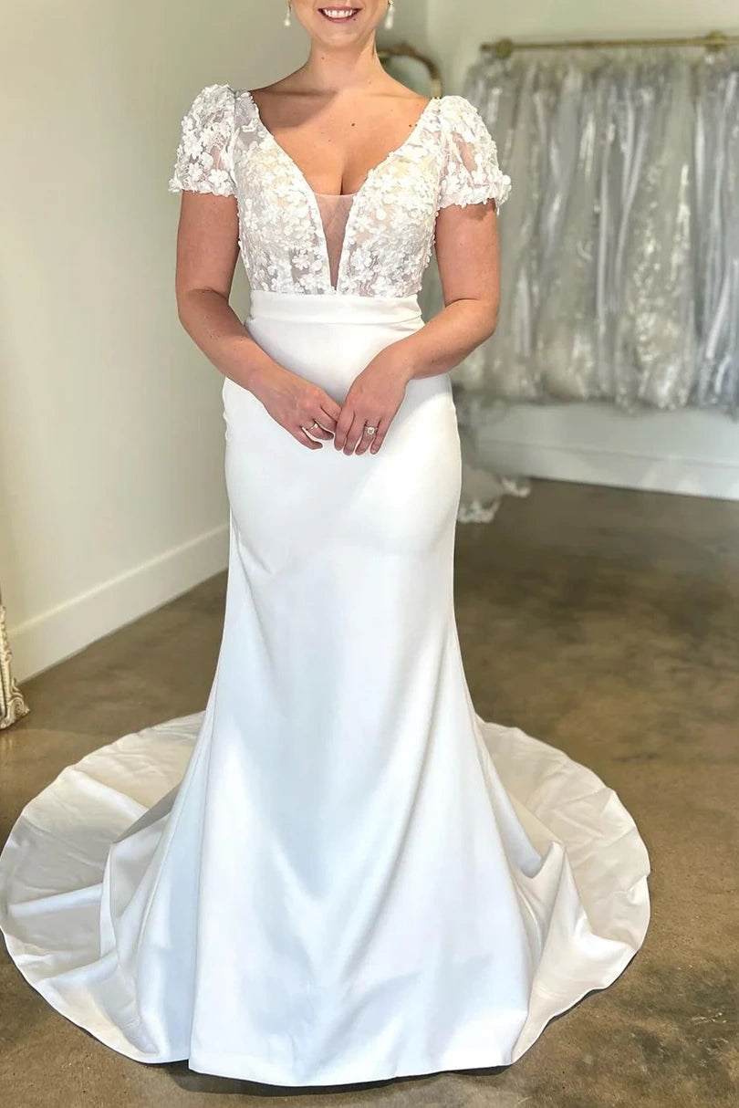 V-Neck Short Sleeves Two Tone With Train Wedding Dress Movousdress V-Neck Short Sleeves Two Tone With Train Wedding Dress Movousdress