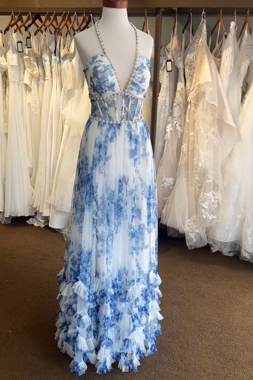 Low V-Neck Sleeveless Empire Chiffon Floral Party Prom Dress