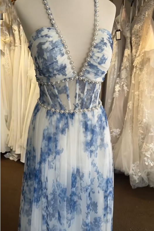 Low V-Neck Sleeveless Empire Chiffon Floral Party Prom Dress