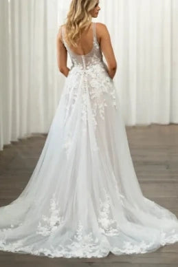 Low V-Neck Sleeveless Tulle A-Line Florals Wedding Dress
