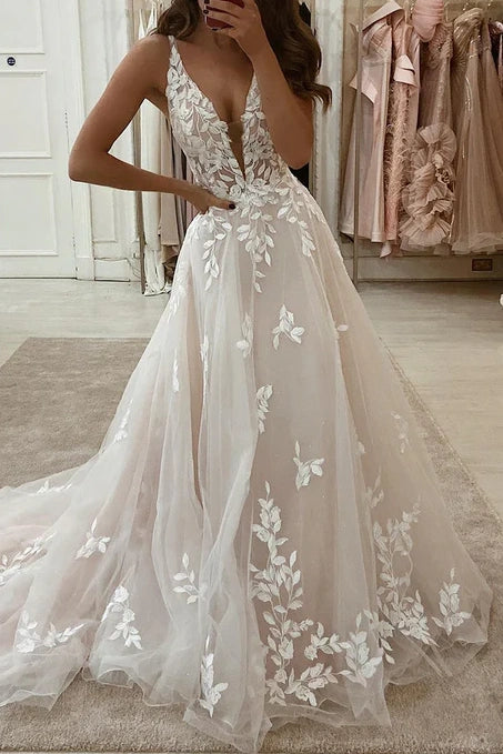 Low V-Neck Sleeveless Tulle A-Line Wedding Dress With Appliques And Tr Movousdress Low V-Neck Sleeveless Tulle A-Line Wedding Dress With Appliques And Tr Movousdress