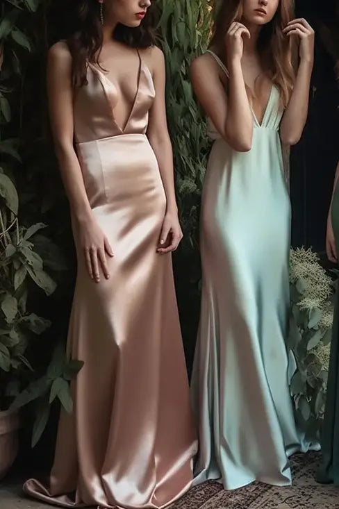 Low V-Neck Spaghetti Straps Long Bridesmaid Dress