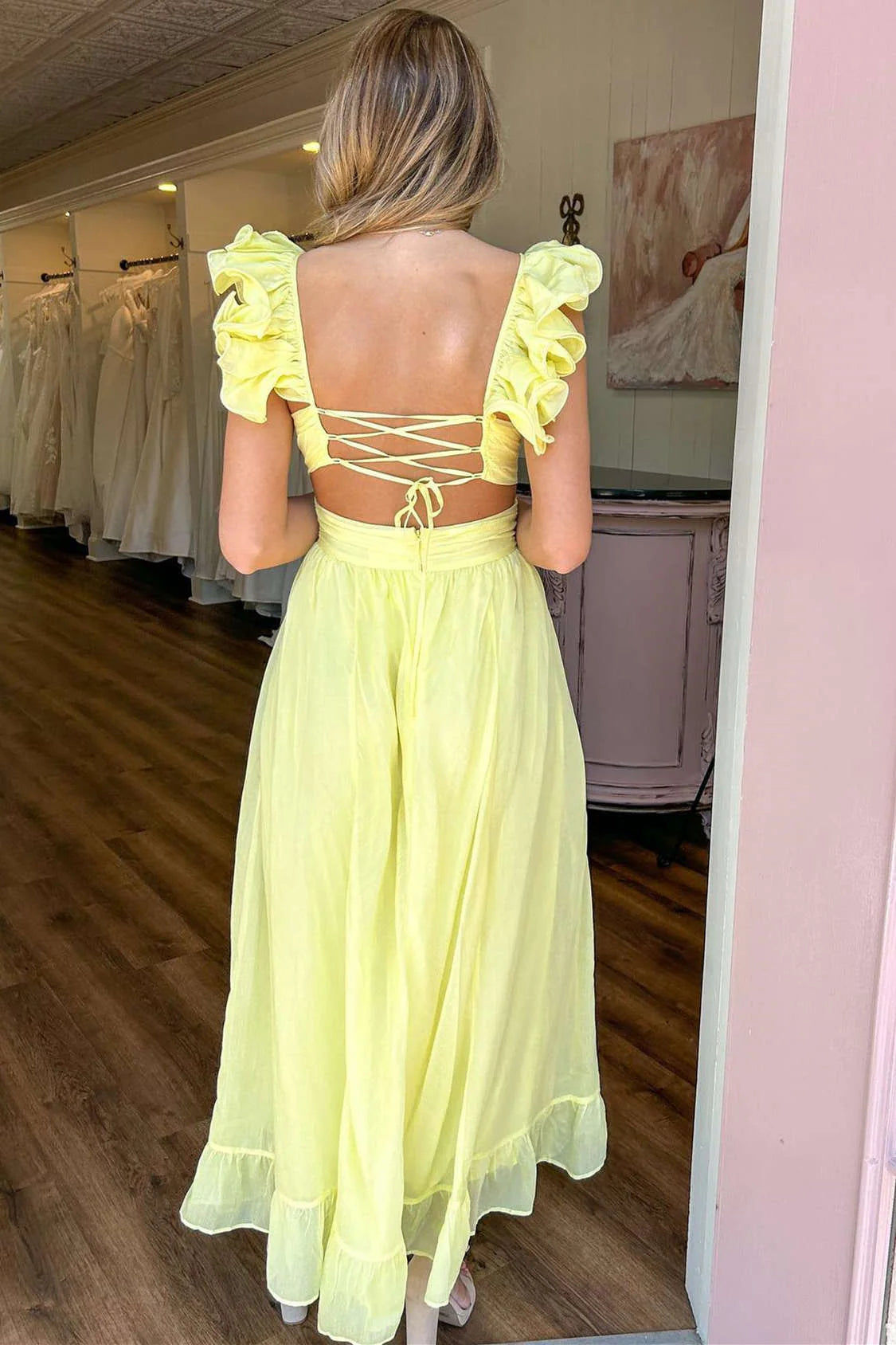 Lwo V-Neck Ruffled Straps Chiffon A-Line Party Prom Dress