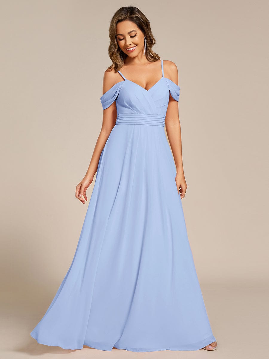 V-Neck Off-Shoulder Satin A-Line Empire Long Bridesmaid Dress