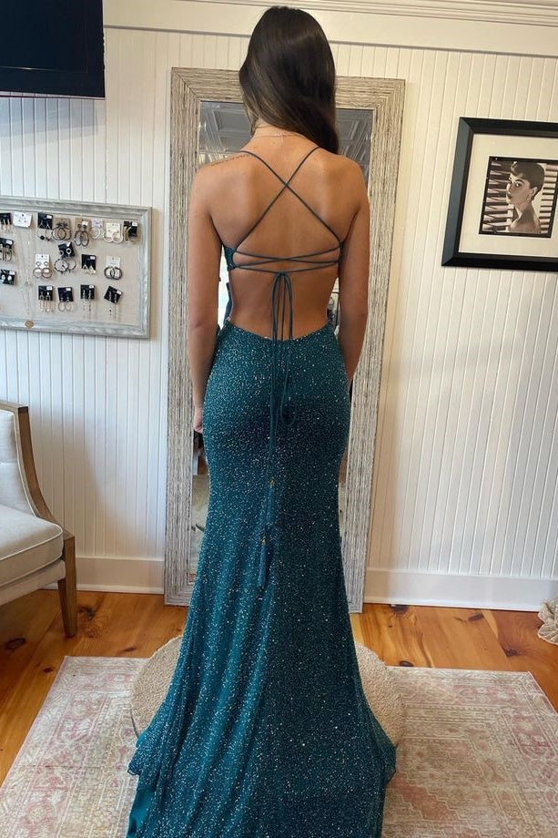 Mermaid Bateau Illusion Empire Lace Up Sequins Party Prom Dress