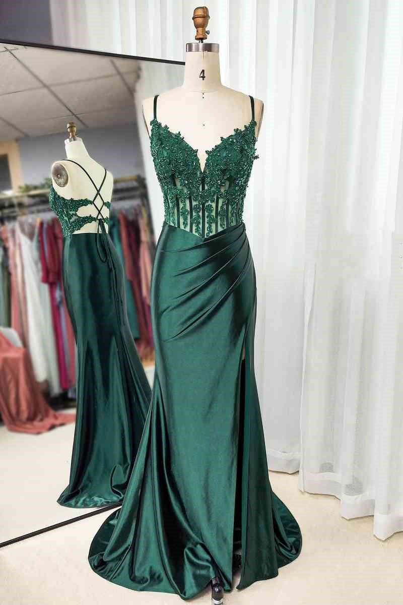Mermaid Empire V-Neck Spaghetti Straps Appliques Party Prom Dress