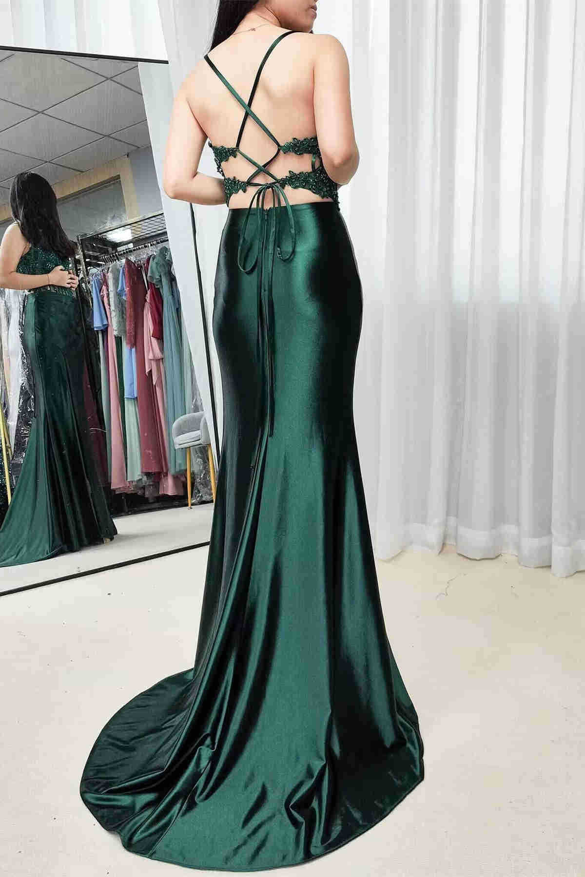Mermaid Empire V-Neck Spaghetti Straps Appliques Party Prom Dress