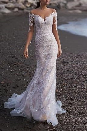 Mermaid Off-Shoulder Long Sleeves Lace Beach Wedding Dress