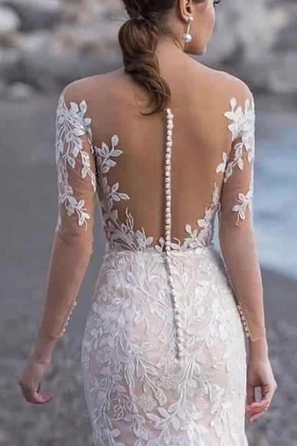 Mermaid Off-Shoulder Long Sleeves Lace Beach Wedding Dress