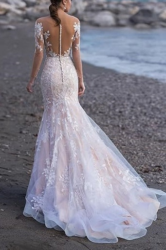 Mermaid Off-Shoulder Long Sleeves Lace Beach Wedding Dress