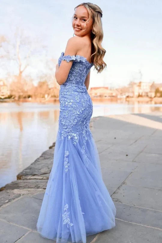 Mermaid Off-Shouulder Empire Lace Appliques Formal Prom Dress