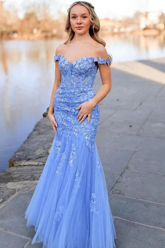Mermaid Off-Shouulder Empire Lace Appliques Formal Prom Dress