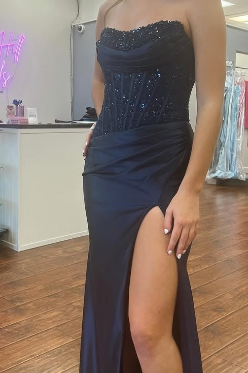Mermaid Satin And Lace Long Strapless Party Prom Dress With Train