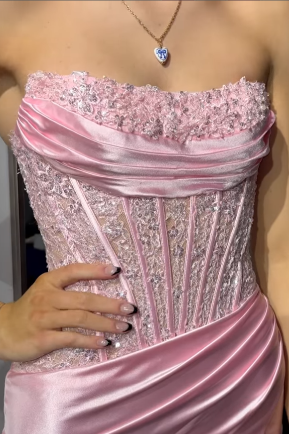 Mermaid Satin Strapless Lace Appliques Long Party Prom Dress