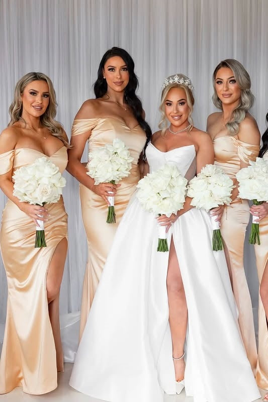 Mermaid Satin Sweetheart Off-Shoulder Bridesmaid Dress With Slit