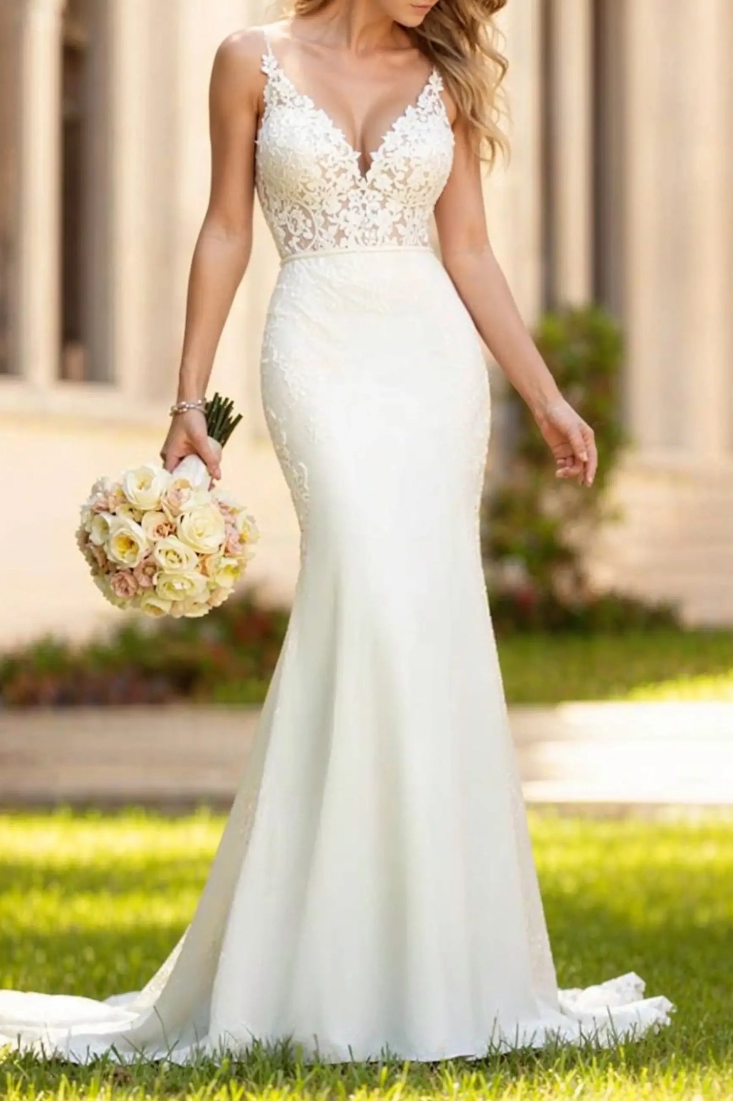 Mermaid Satin V-Neck Sleeveless Appliques Wedding Dress
