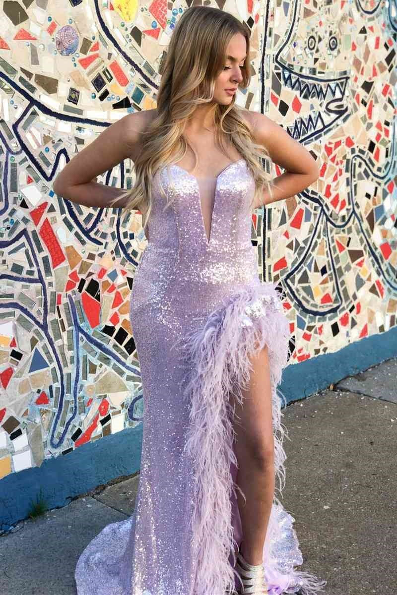 Mermaid Sequins Sweetheart Strapless Party Prom Dress With Feathers