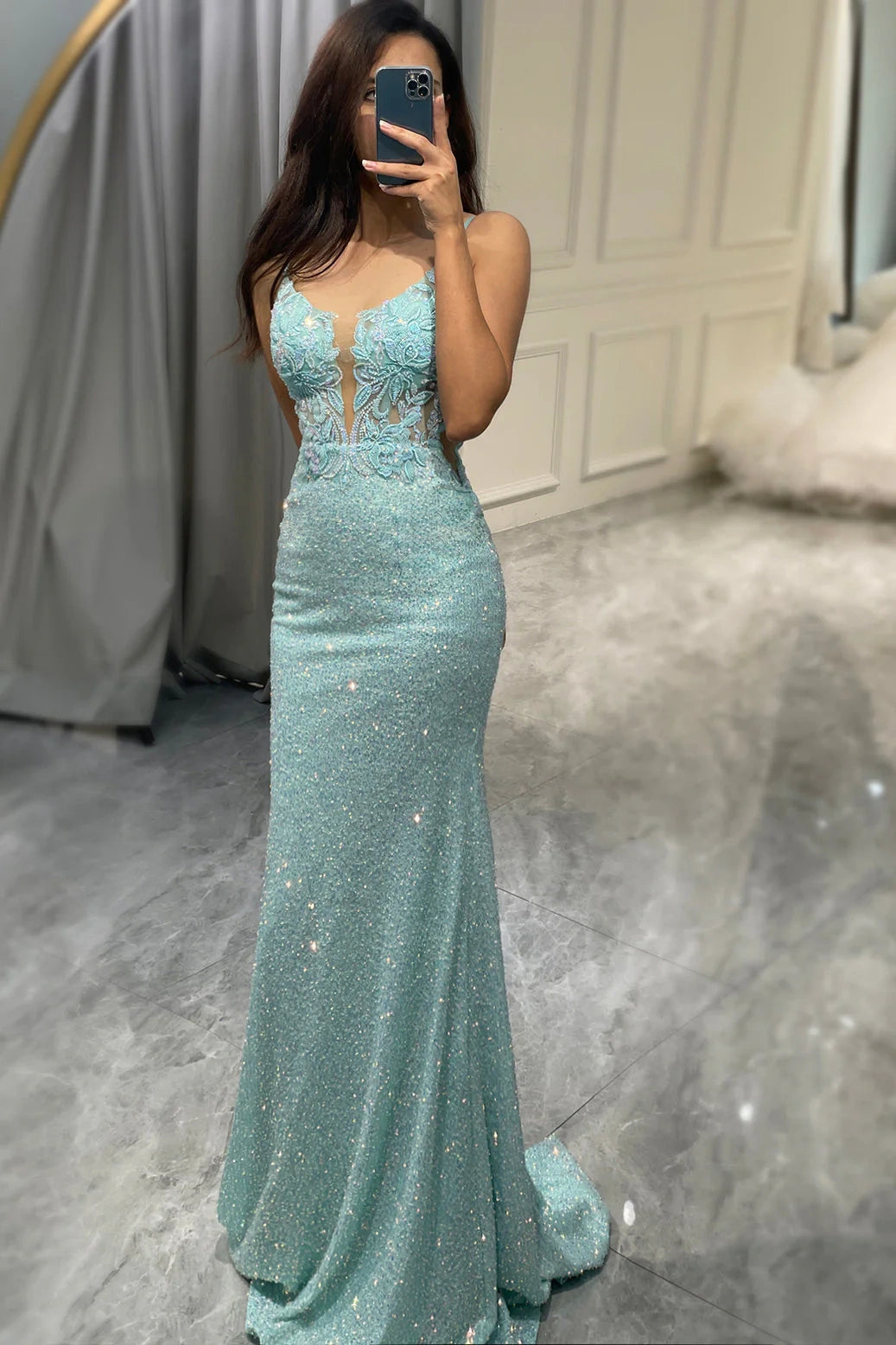 Mermaid Spaghetti Straps Backless Appliques Party Prom Dress