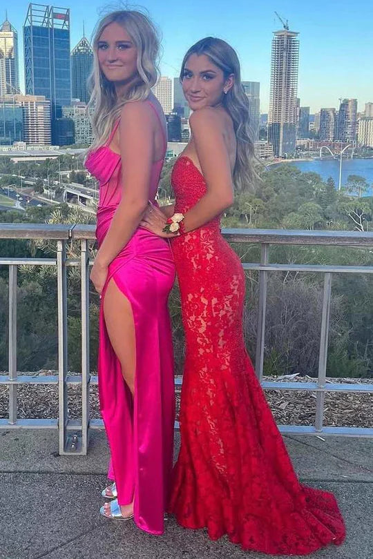 Mermaid Sweetheart Strapless Empire Backless Red Lace Prom Dress