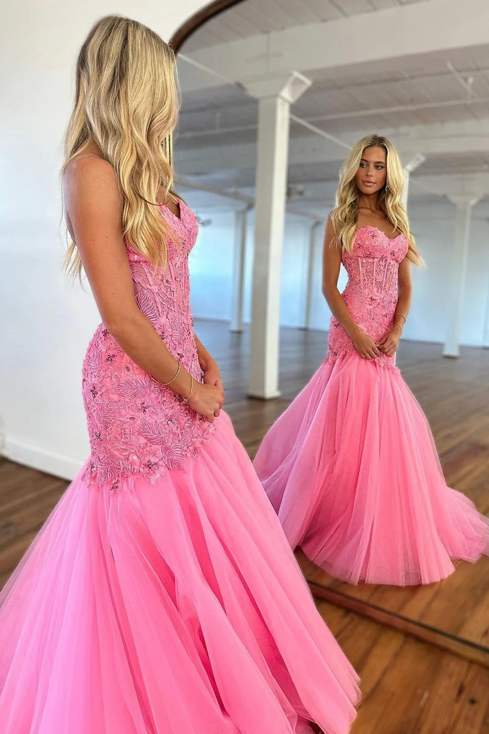 Mermaid Sweetheart Strapless Lace Appliques Party Prom Dress