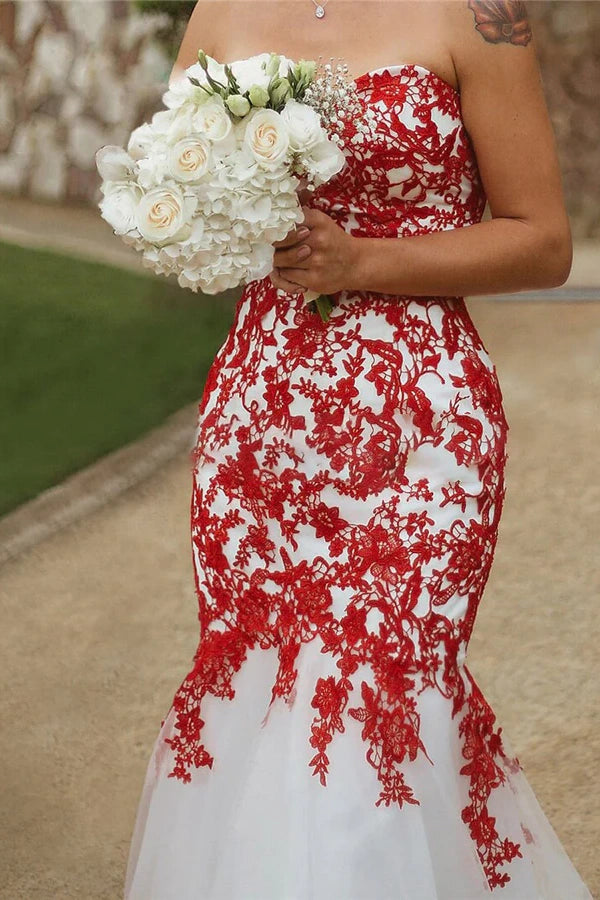 Mermaid Sweetheart Strapless Red Lace Appliques Wedding Dress